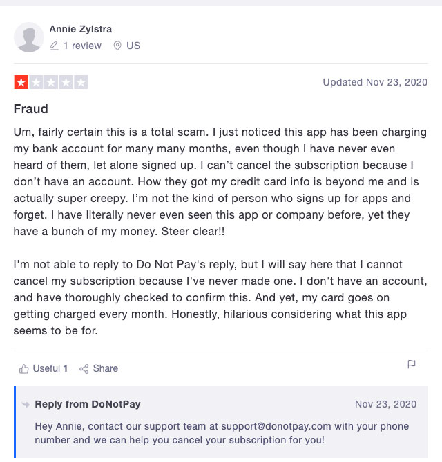 DoNotPay negative review on Trustpilot